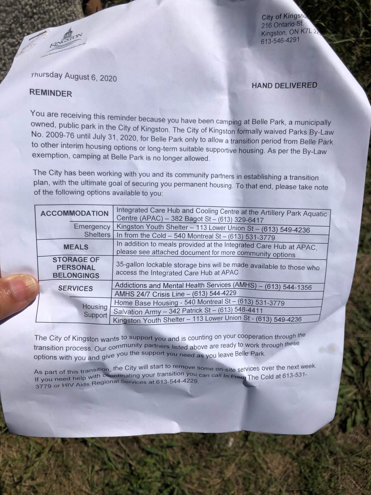 ‘Camping at Belle Park is no longer allowed,’ says notice handed out by Kingston CAO - image