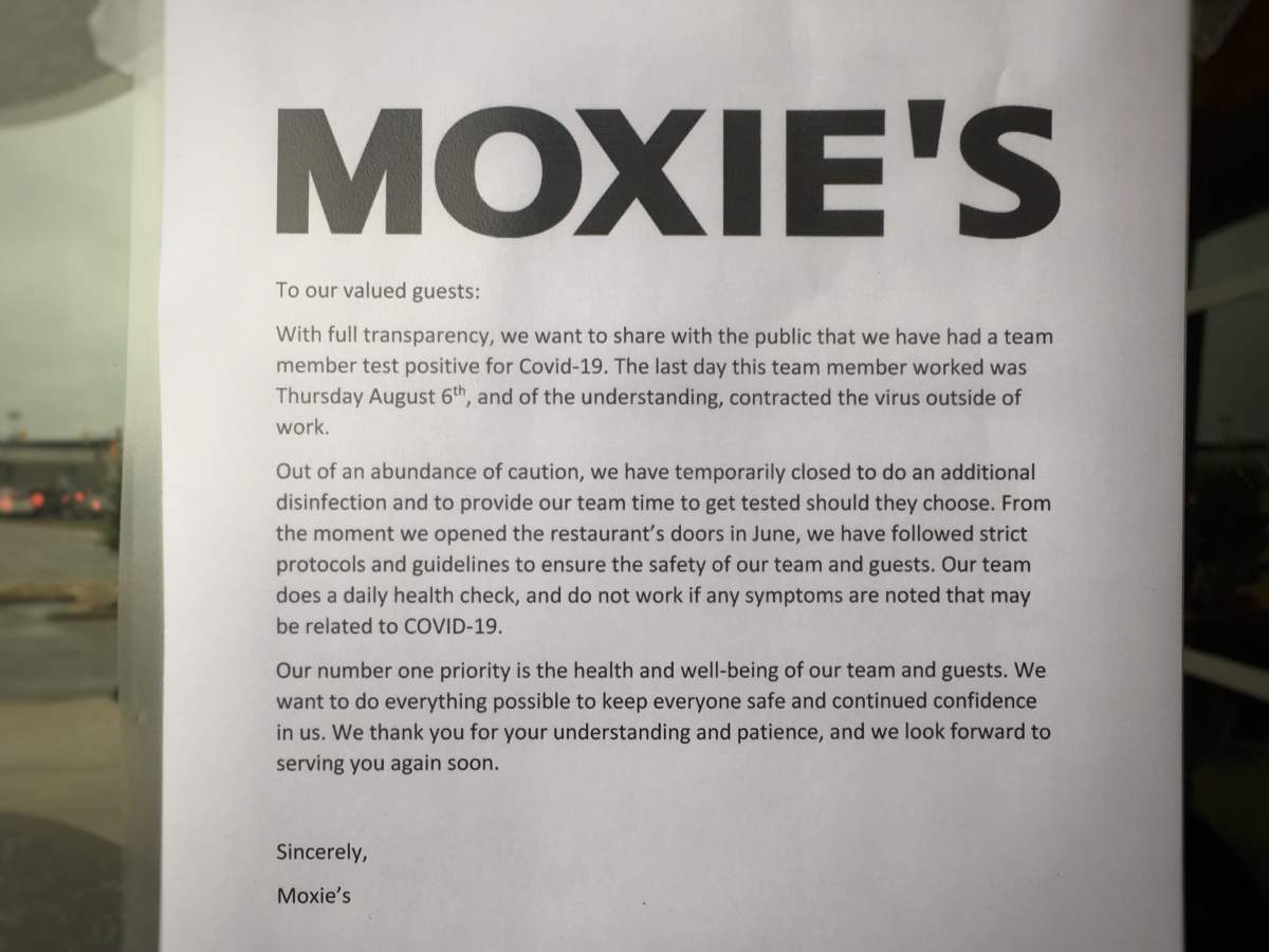 A notice posted at the Moxie\’s restaurant on Kenaston Boulevard says they\’re temporarily closed after an employee tested positive for COVID-19.
