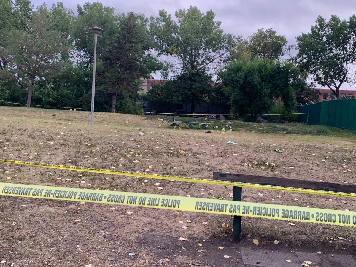 Markers in the field at Higgins and Main Thursday.