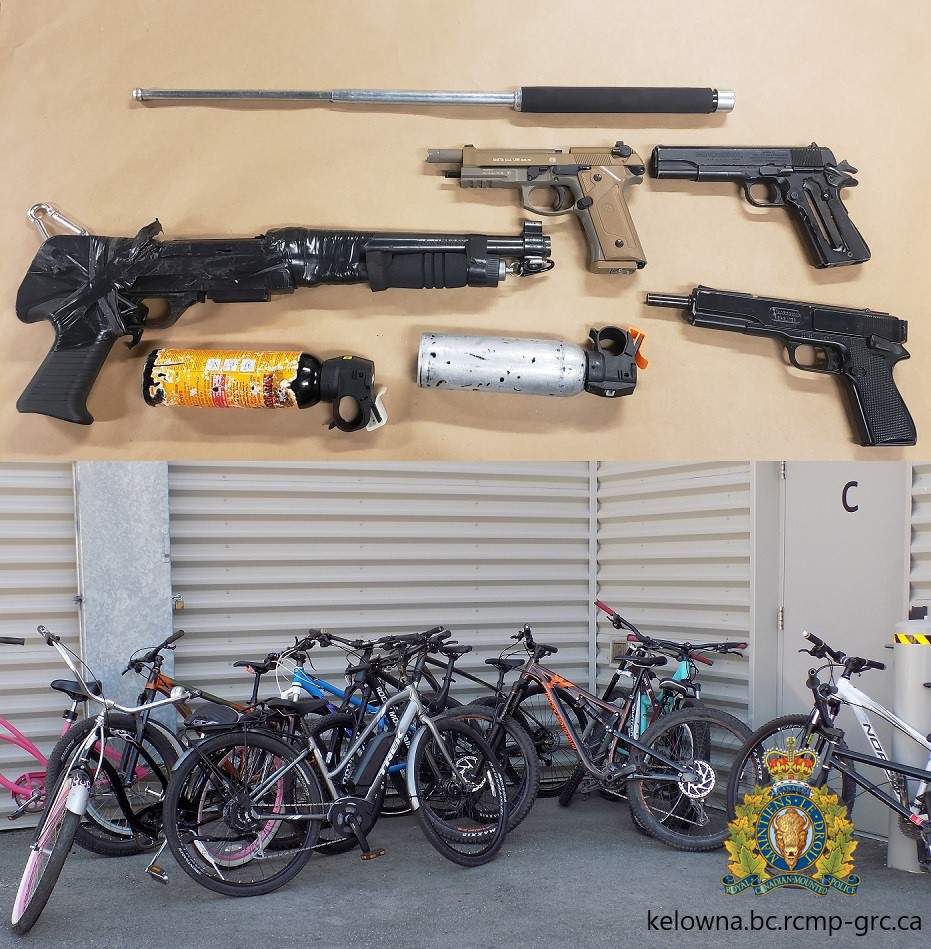A photograph showing some of the imitation guns and stolen bicycles seized by Kelowna RCMP on Wednesday.