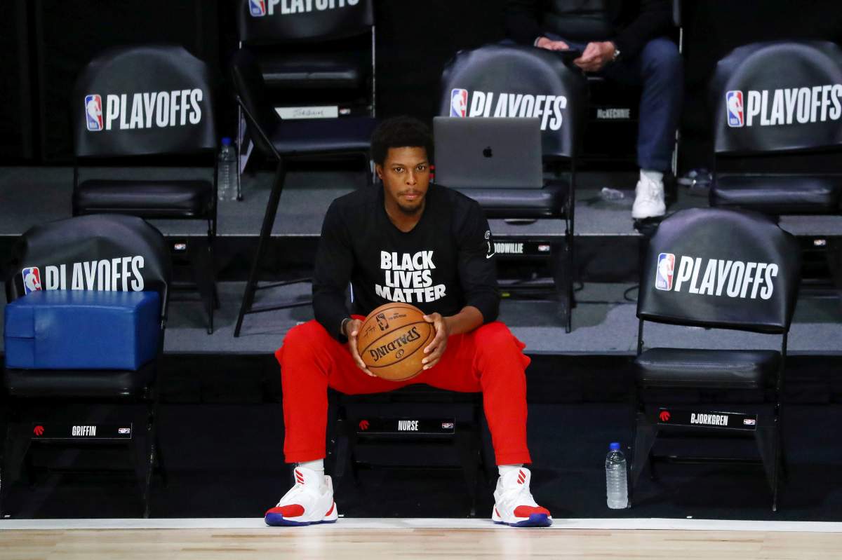 Toronto Raptors guard Kyle Lowry (7) looks on before Game 3 of an NBA basketball first-round playoff series against the Brooklyn Nets, Friday, Aug. 21, 2020, in Lake Buena Vista, Fla.