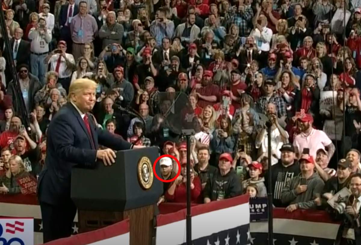 Kyle Rittenhouse can be seen in the crowd at a Trump rally at Drake University in Des Moines, Iowa, on Jan. 30, 2020.