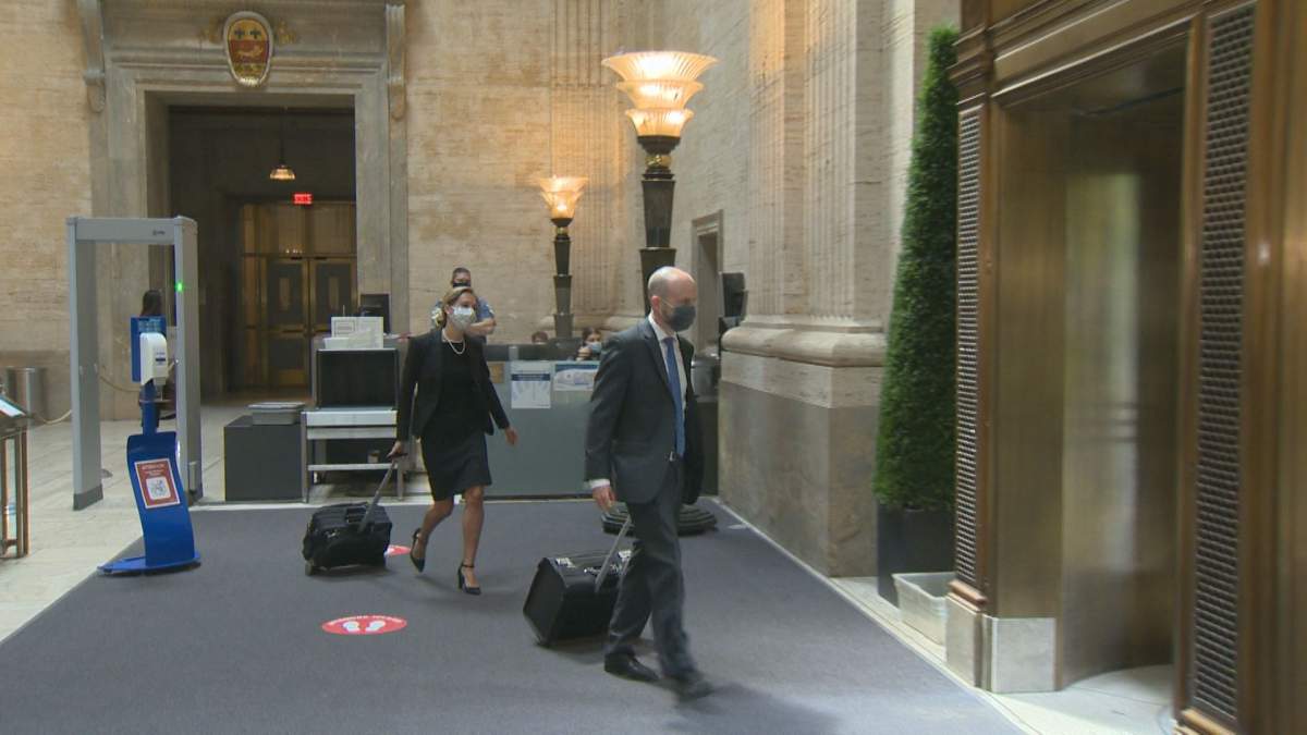 Quebec Government lawyers Alexandra Hodder and Samuel Chayer leave the Quebec Court of Appeal on Thursday. August 20, 2020.