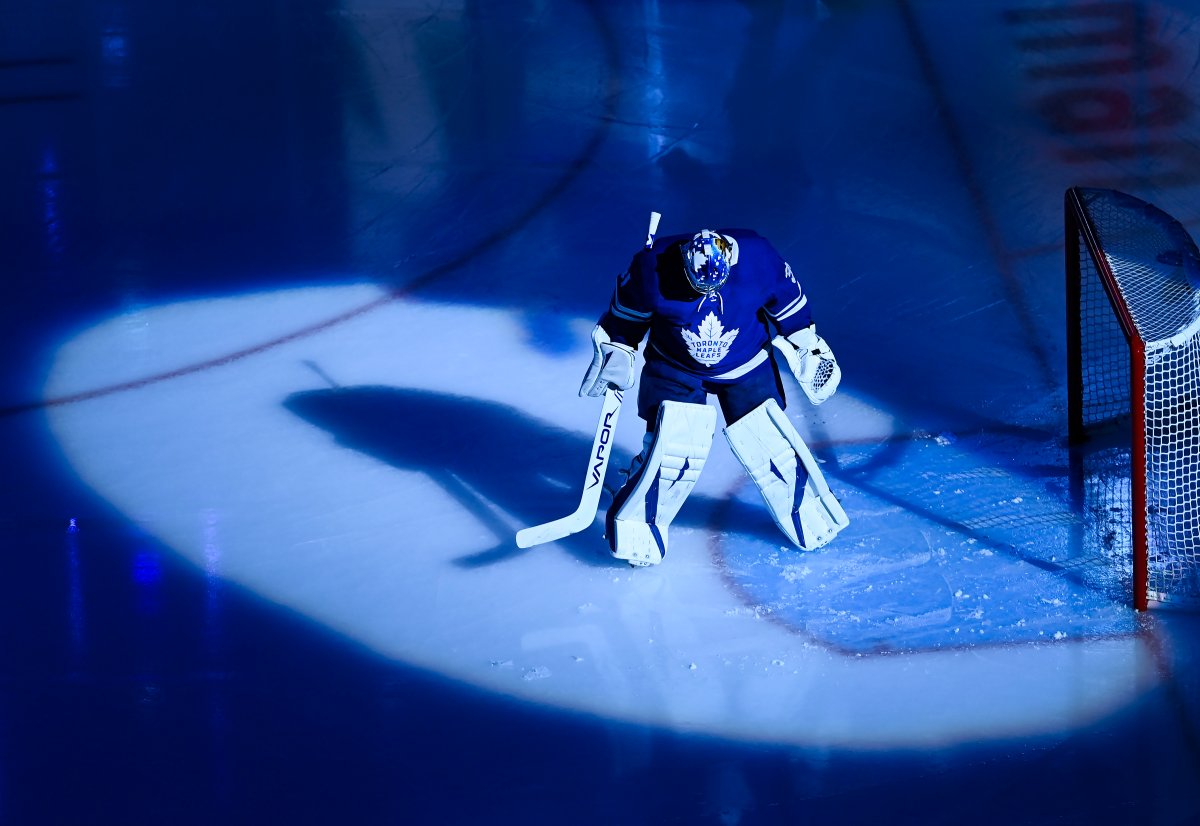 Toronto Maple Leafs goaltender Frederik Andersen (31) scrapes his crease before first period NHL Eastern Conference Stanley Cup playoff action against the Columbus Blue Jackets, in Toronto, Sunday, Aug. 2, 2020.