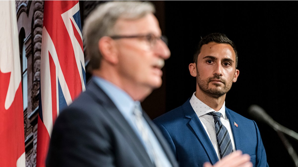 Education, Stephen Lecce, make an announcement at Queen's Park in Toronto, on Thurs., Aug, 13, 2020. 