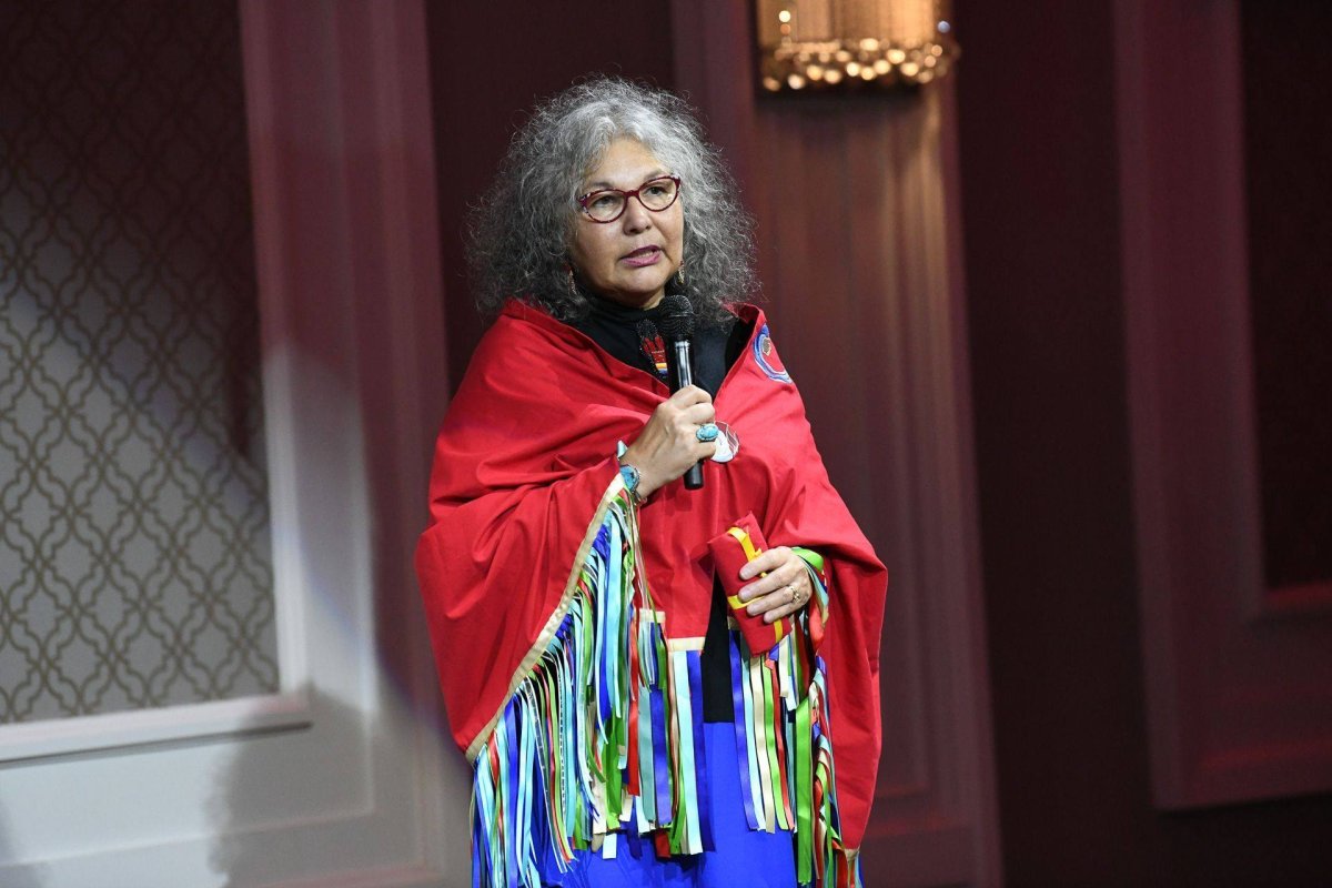 Lorraine Whitman, president of the Native Women's Association of Canada, speaks in Ottawa in December 2019, during a visit from Luis Almagro, Secretary General of the Organization of American States.