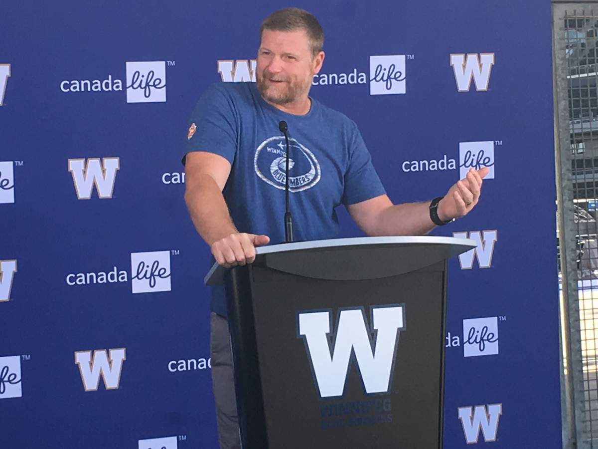 Winnipeg Blue Bombers head coach Mike O'Shea addresses the media outside IG Field about the cancellation of the CFL season on Wednesday, Aug. 19, 2020.  