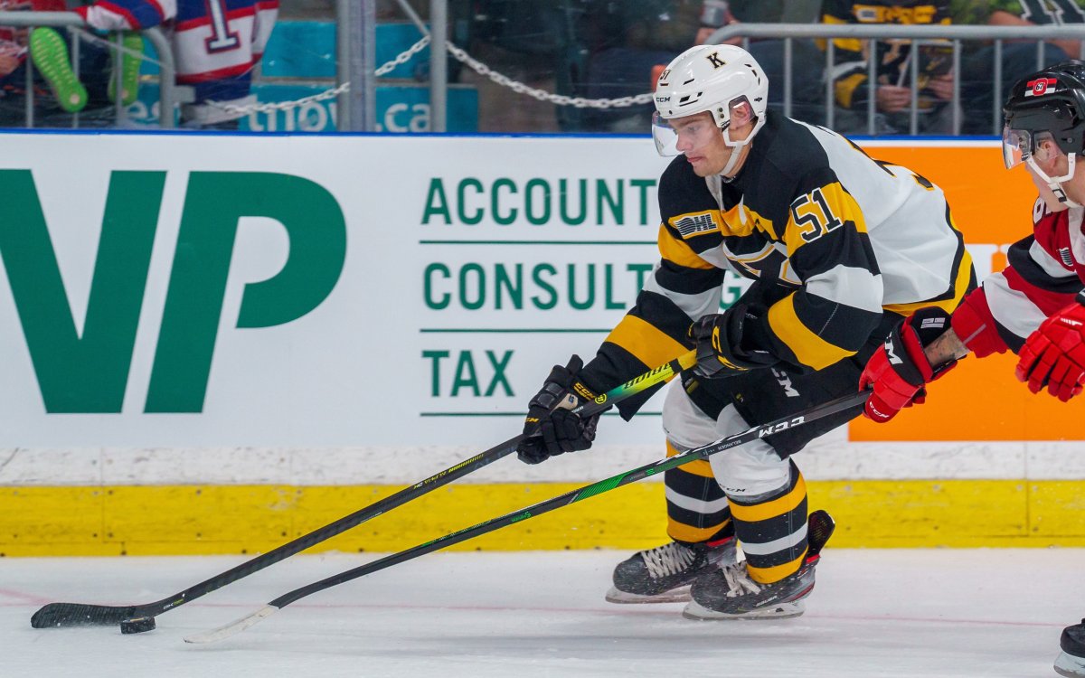 Kinston Frontenacs' Shane Wright moves with the puck during OHL action against the Ottawa 67's in Kingston, Ont. on Friday Sept. 27, 2019.