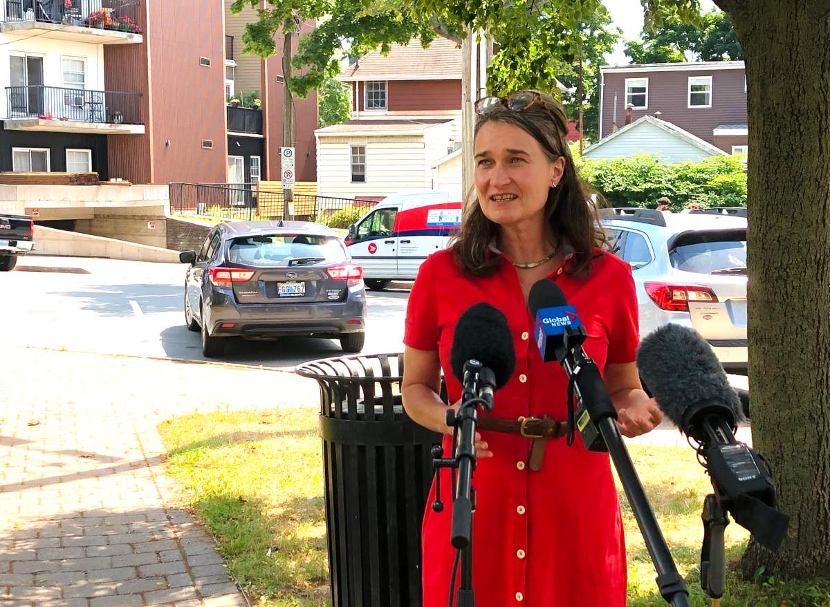 Patty Cuttell speaks with reporters in Halifax on Aug. 13, 2020.