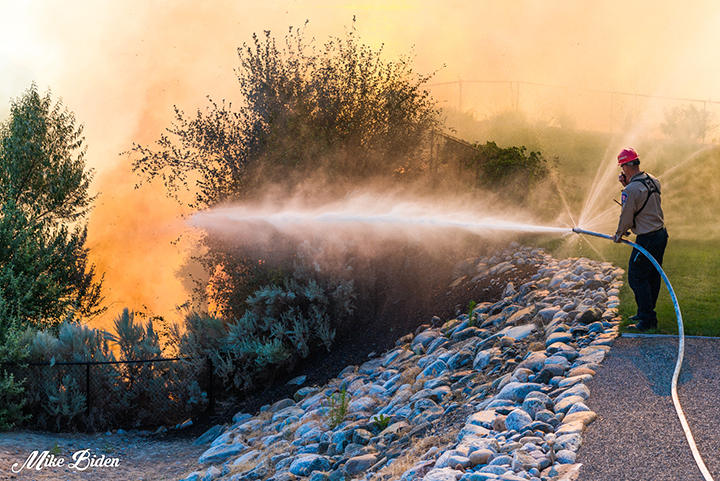 A firefighter battling the blaze.