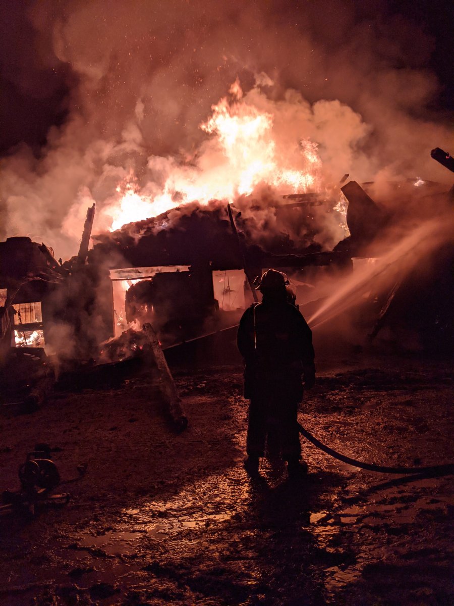 Firefighters battle a barn fire in Quinte West, Ont. that killed 50 cows on Aug. 28, 2020.
