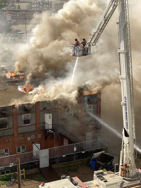Red Deer fire crews battling a blaze in the city’s downtown on Monday, Aug. 24, 2020.
