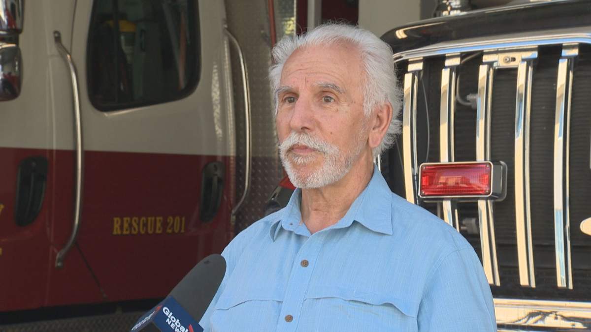 Penticton Mayor John Vassilaki speaks to reporters at a press briefing regarding the Christie Mountain wildfire on Sunday, Aug. 23., 2020. 