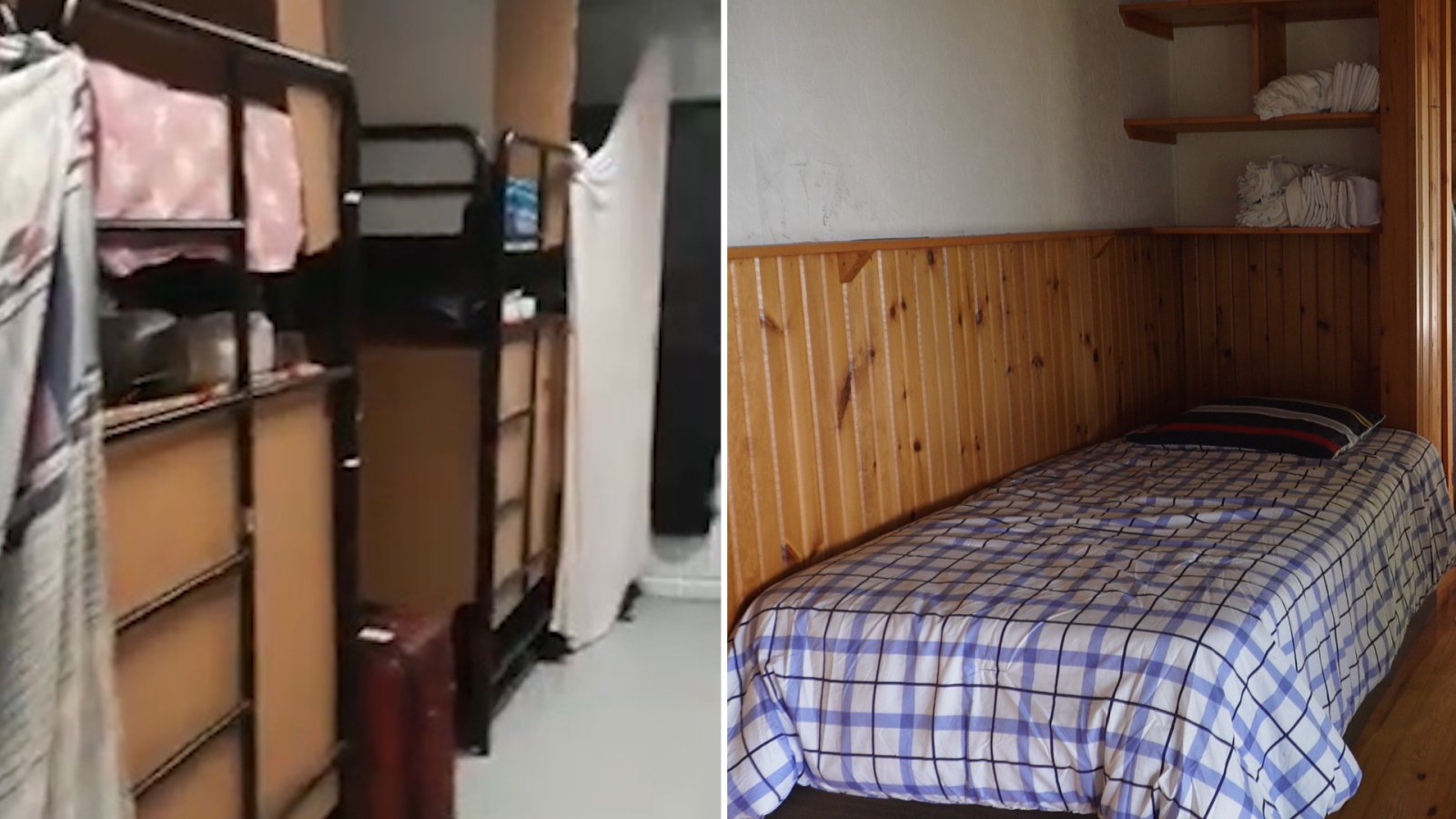 The left photo is a still of a video showing bunk beds where migrant workers allegedly sleep at Double Diamond Farms, a southwestern Ontario farm, and on the right is a photo of a bed a temporary foreign worker would sleep in at Hy-Hope Farm in Durham Region.
