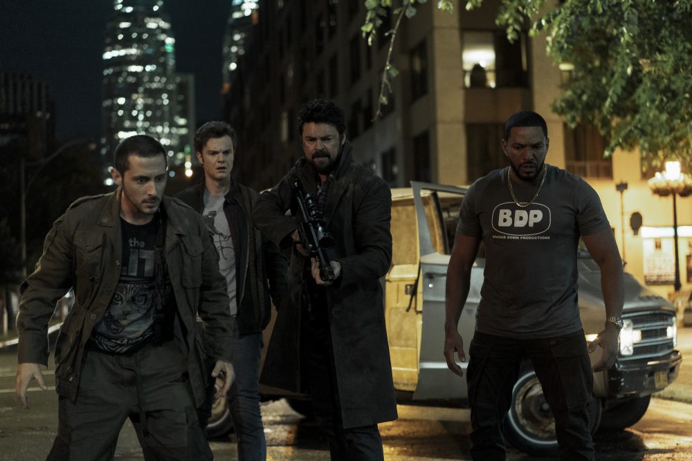Frenchie (Tomer Kapon), left, Hughie (Jack Quaid), Butcher (Karl Urban) and MM (Laz Alonso), right, are shown in a scene from ‘The Boys’ Season 2.