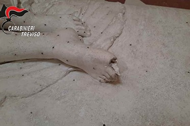 This image shows damage caused to a statue at the Gypsoteca Museum in Possagno, Italy, on July 31, 2020.
