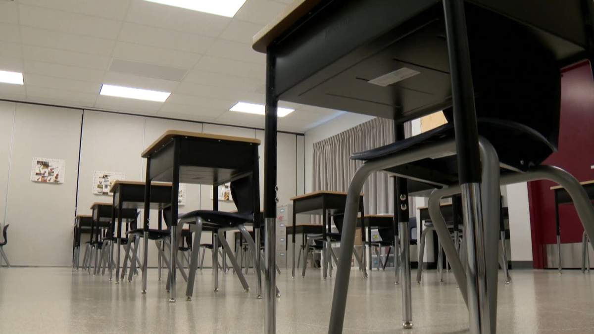 Desks are set up in a Calgary classroom ahead of the 2020 start to the school year. 
