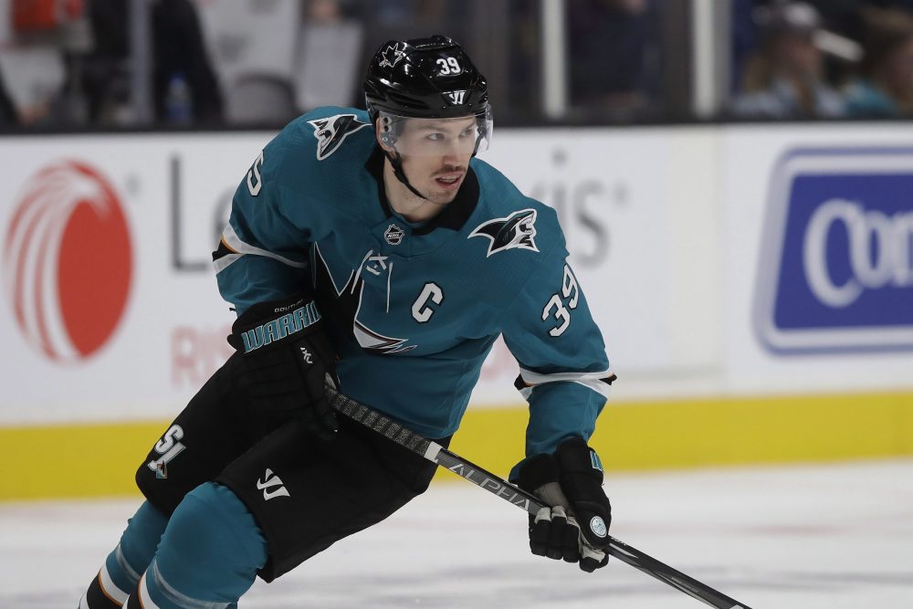 San Jose Sharks centre Logan Couture skates during the first period of the team's NHL hockey game against the Nashville Predators in San Jose, Calif., Saturday, Nov. 9, 2019.