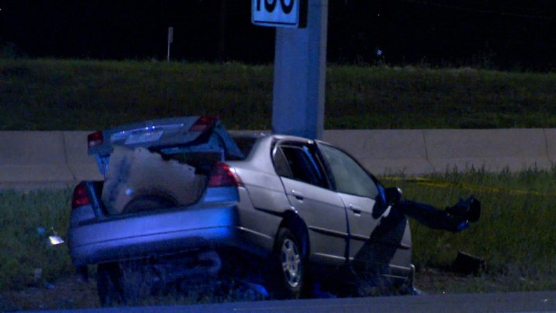 Calgary police say one man was badly injured in a single-vehicle crash on Deerfoot Trail on Wednesday, Aug. 5, 2020. 