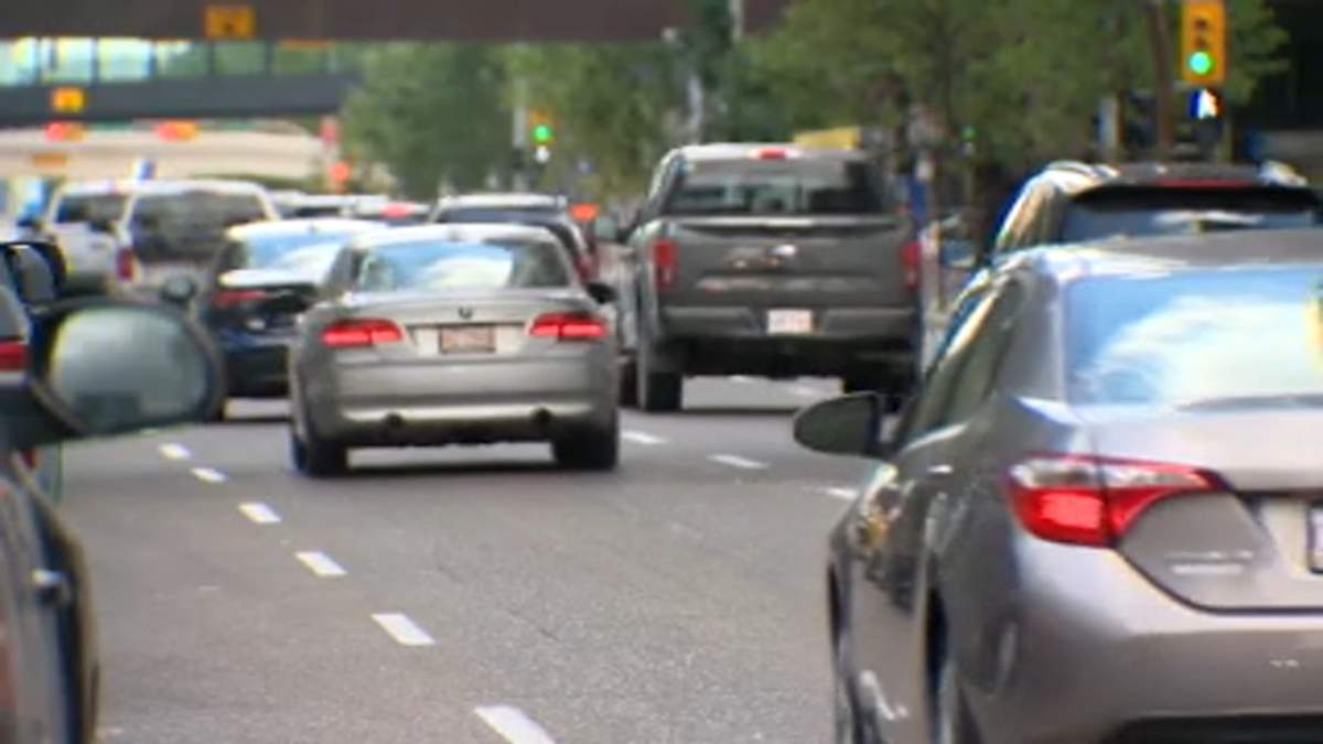 Vehicles drive through downtown Calgary. Speeding has been on the rise in the city since the start of the COVID-19 pandemic, new data from the Calgary Police Service shows. 
