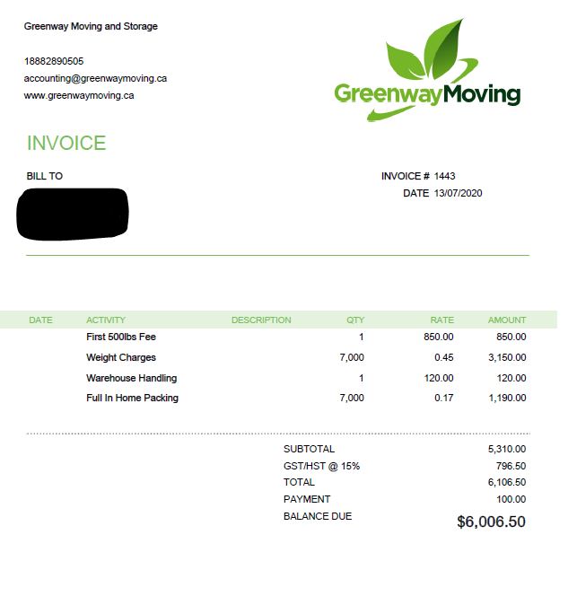 The couple was provided this invoice, but say they never agreed to a flat rate and there is no way their belongings weighed so much.