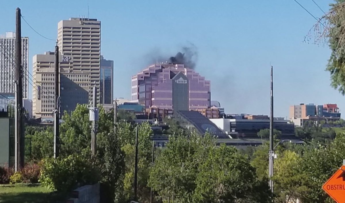 A photo of smoke due to generator issues at Edmonton's Canada Place building on Aug.16, 2020. Crews warned there would be smoke visible again on Saturday, Aug. 29, 2020. 