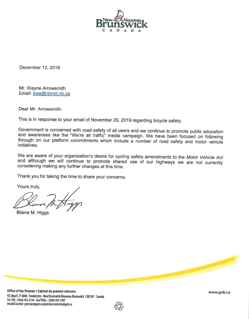 A letter sent to the New Brunswick bicycle safety working group by Premier Blaine Higgs in December 2019.