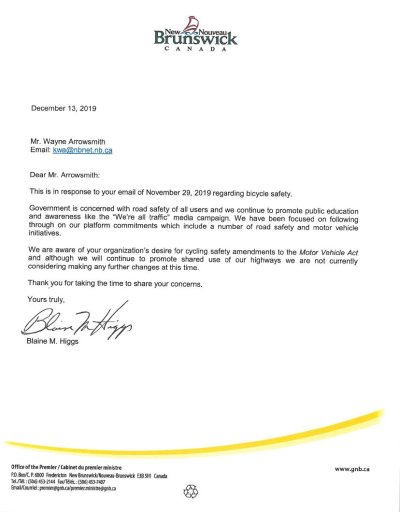 A letter sent to the New Brunswick bicycle safety working group by Premier Blaine Higgs in December 2019.