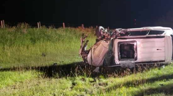 A vehicle drove into oncoming traffic on a highway, clipped a semi-truck and caught fire in a ditch near Cochrane on Sunday, Aug. 2, 2020, police say.