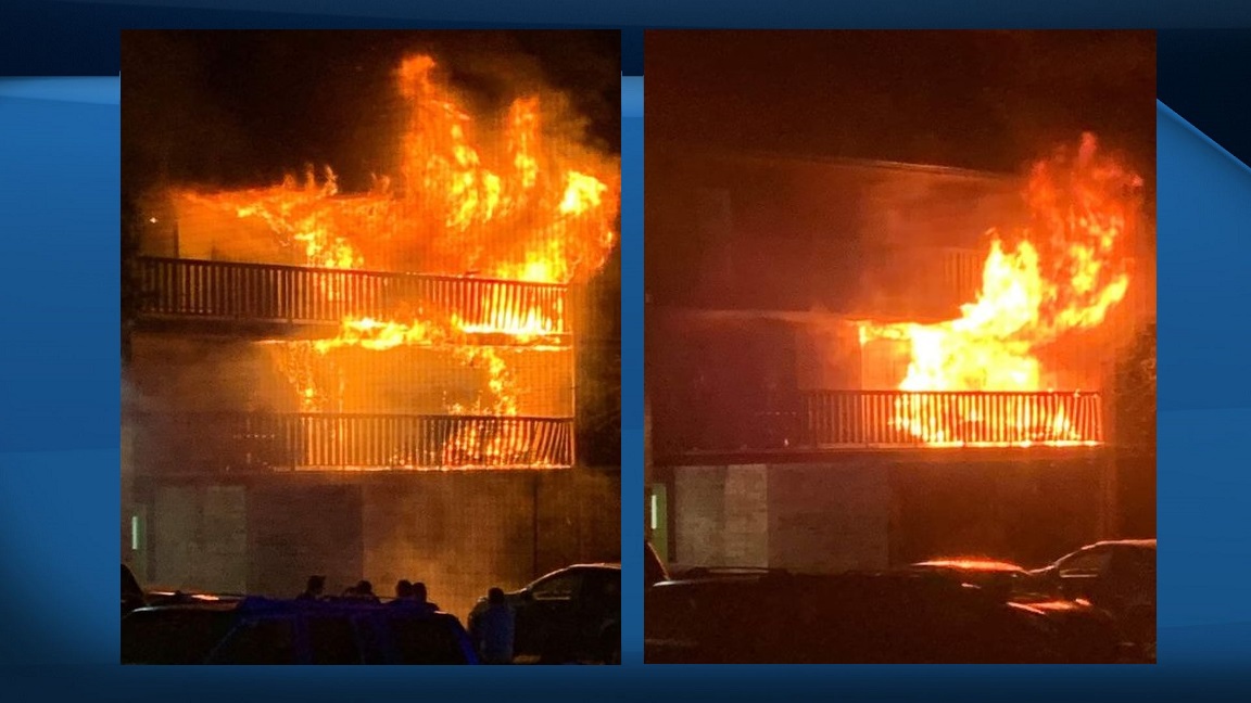 A photo of a fire at an apartment in Lloydminster on the evening of Friday, Aug. 28, 2020. 