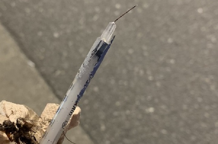 Victoria police say a man was pricked by this needle when he stepped off a trail in Beacon Hill Park on Saturday.