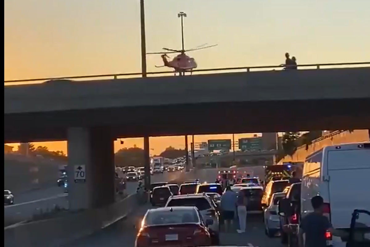 An Ornge air chopper lands on Highway 8.