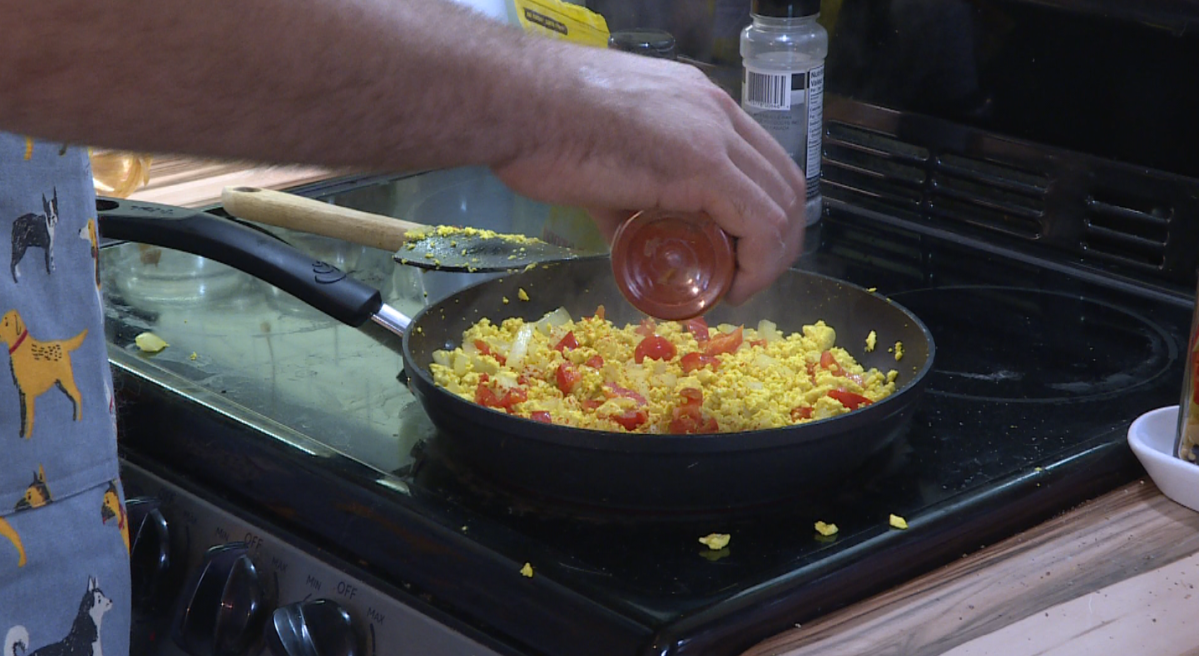 John Rush cooks up a vegan tofu crumble.