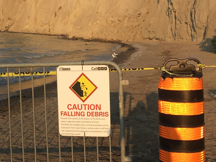 A warning sign is posted at the bottom of the Scarborough Bluffs escarpment.