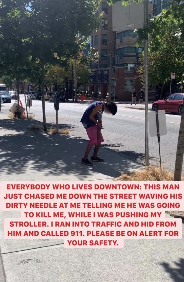 A still from the video of the man that Jane said yelled at her and threatened her with a dirty needle.