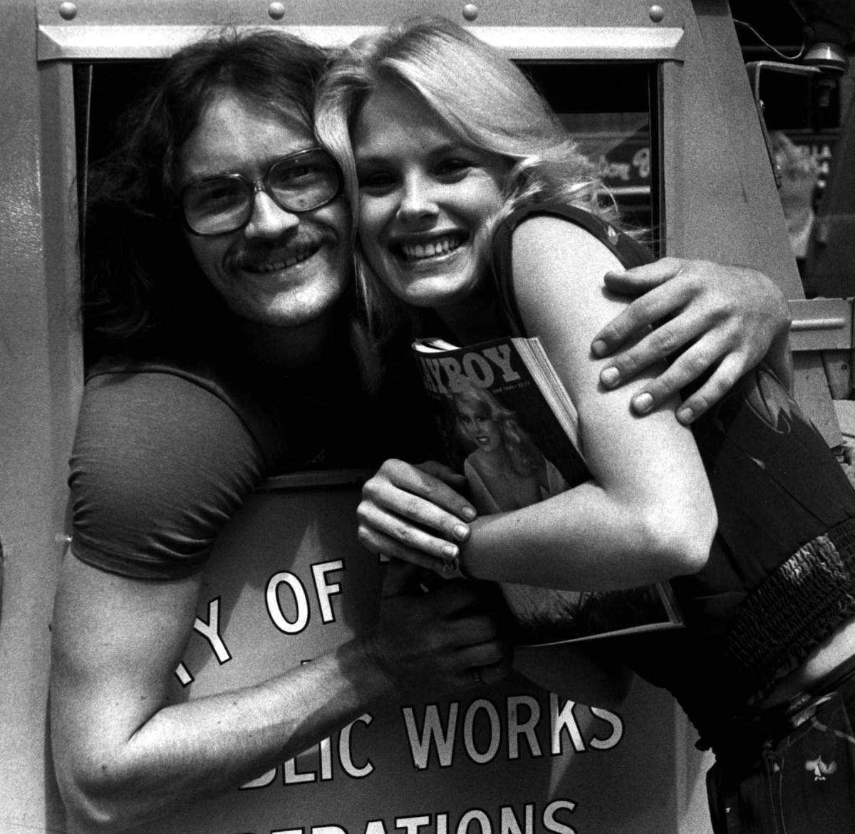 Playboy Magazine’s 1980 Playmate of the Year, Dorothy Stratten, 20, from Vancouver, Canada is shown here May 2, 1980 getting a hug from Toronto public works employee Jim Madden while she was on a publicity tour of Canada.