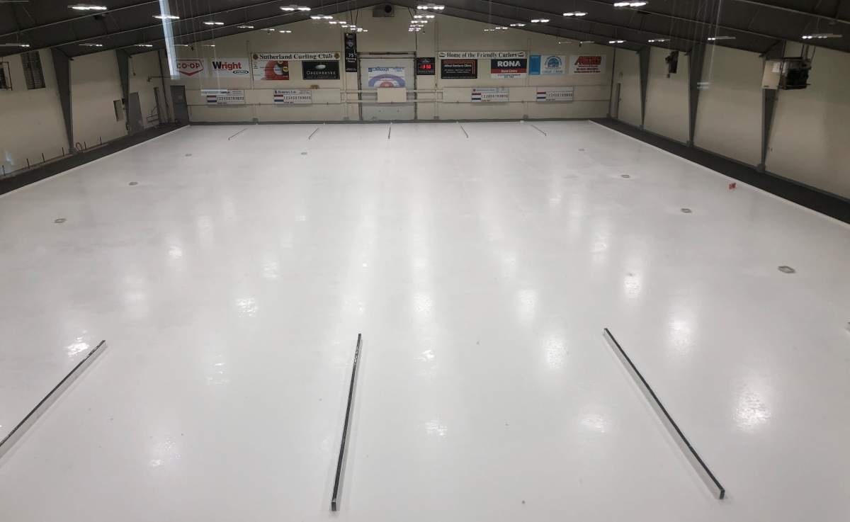 Here’s a photo of the newly installed ice at Saskatoon’s Sutherland Curling Club.