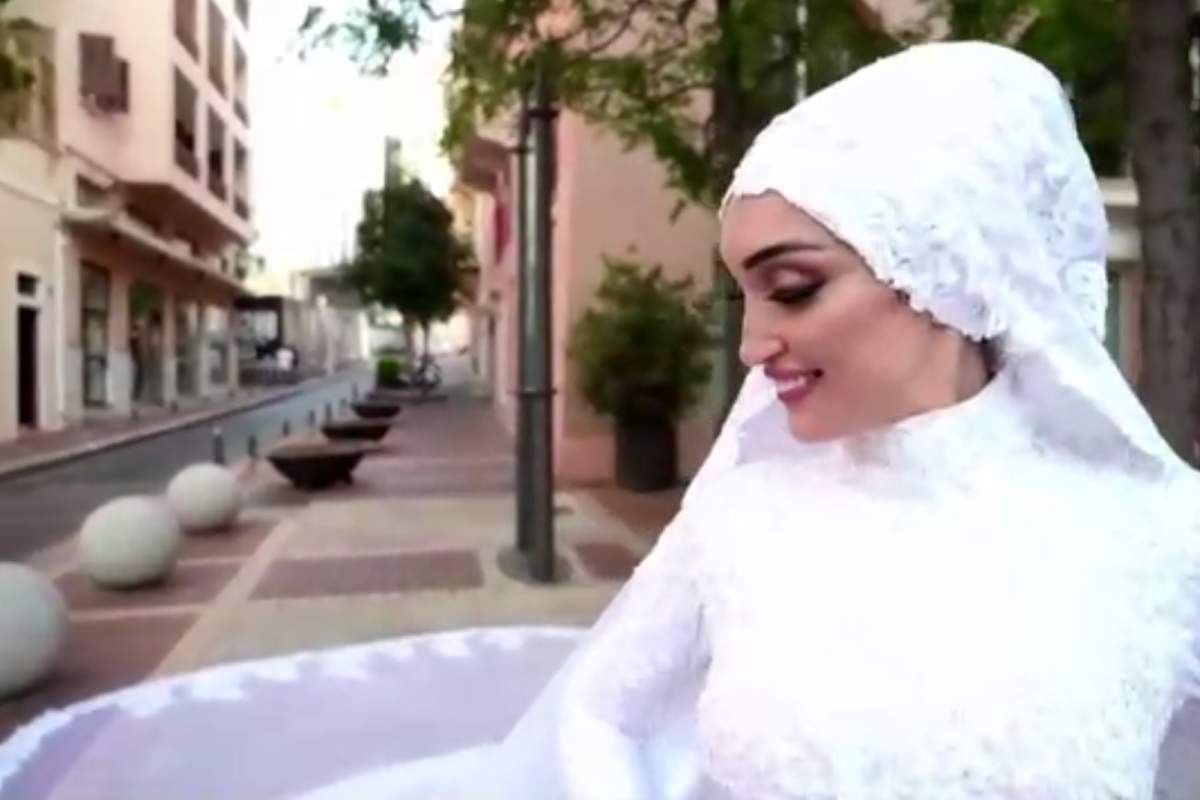 Israa Seblani poses for a wedding video moments before the explosion in Beirut, Lebanon on Aug. 4, 2020.