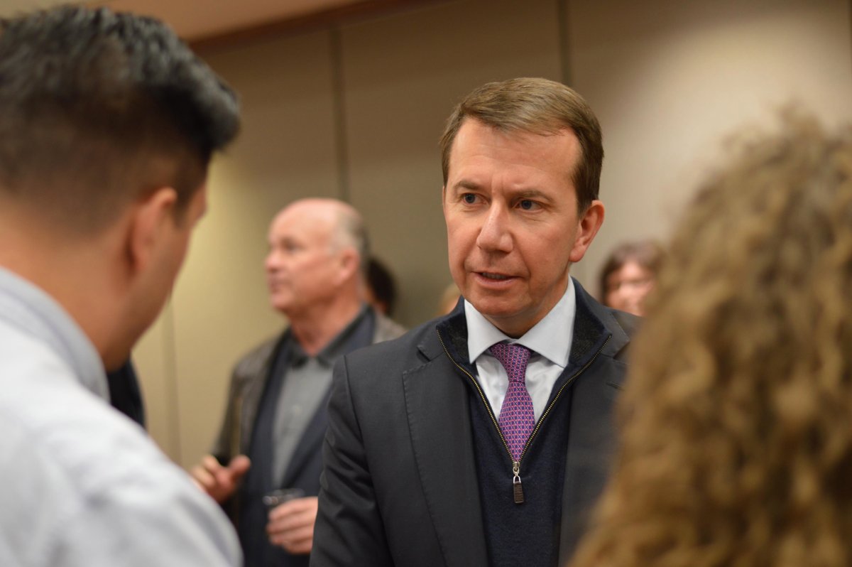 Then-President of the Treasury Board Scott Brison speaks to students at Saint Mary's University in Halifax on Feb. 28, 2018. 