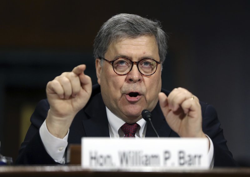FILE - In this May 1, 2019 file photo, Attorney General William Barr testifies during a Senate Judiciary Committee hearing on Capitol Hill in Washington, on the Mueller Report. Former FBI lawyer Kevin Clinesmith will plead guilty to making a false statement in the first criminal case arising from U.S. Attorney John Durham's investigation into the probe of ties between Russia and the 2016 Trump campaign. 