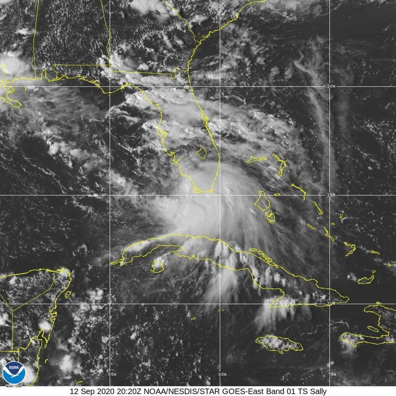 This Saturday, Sept. 12, 2020 image provided by NOAA shows the formation of Tropical Storm Sally. Tropical Storm Sally has formed off south Florida, becoming the earliest 18th-named tropical storm on record in a busy Atlantic hurricane season. 
