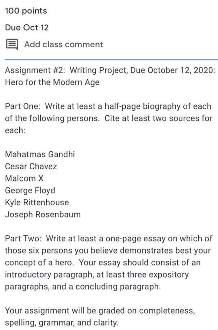 A Dallas English teacher assigned this project to students at W.T. White High School on Sept. 14, 2020.