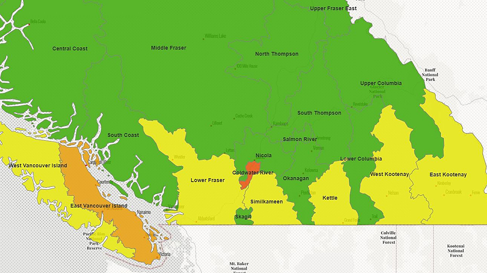 A map showing areas of drought concern in B.C., on Sept. 10, 2020.