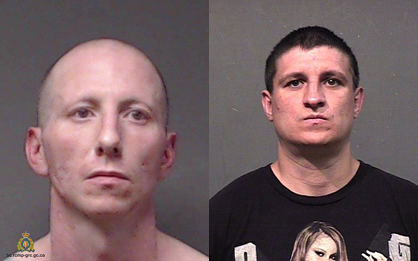 RCMP say Terrance Alan Jones of Edmonton, left, is in custody after he turned himself in at the Salmon Arm detachment. Jones, and Alexander Boucher, right, are suspects in a Shuswap stabbing incident.
