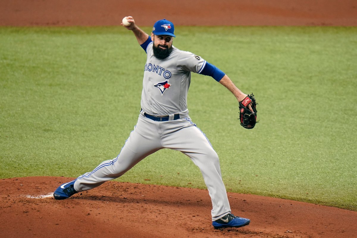 Toronto Blue Jays' Matt Shoemaker pitches to the Tampa Bay Rays during the first inning of Game 1 of a wild card playoff series baseball game Tuesday, Sept. 29, 2020, in St. Petersburg, Fla.