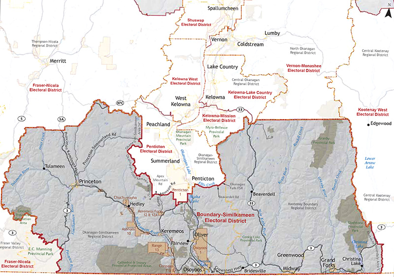 A map showing the electoral district of Boundary-Similkameen.