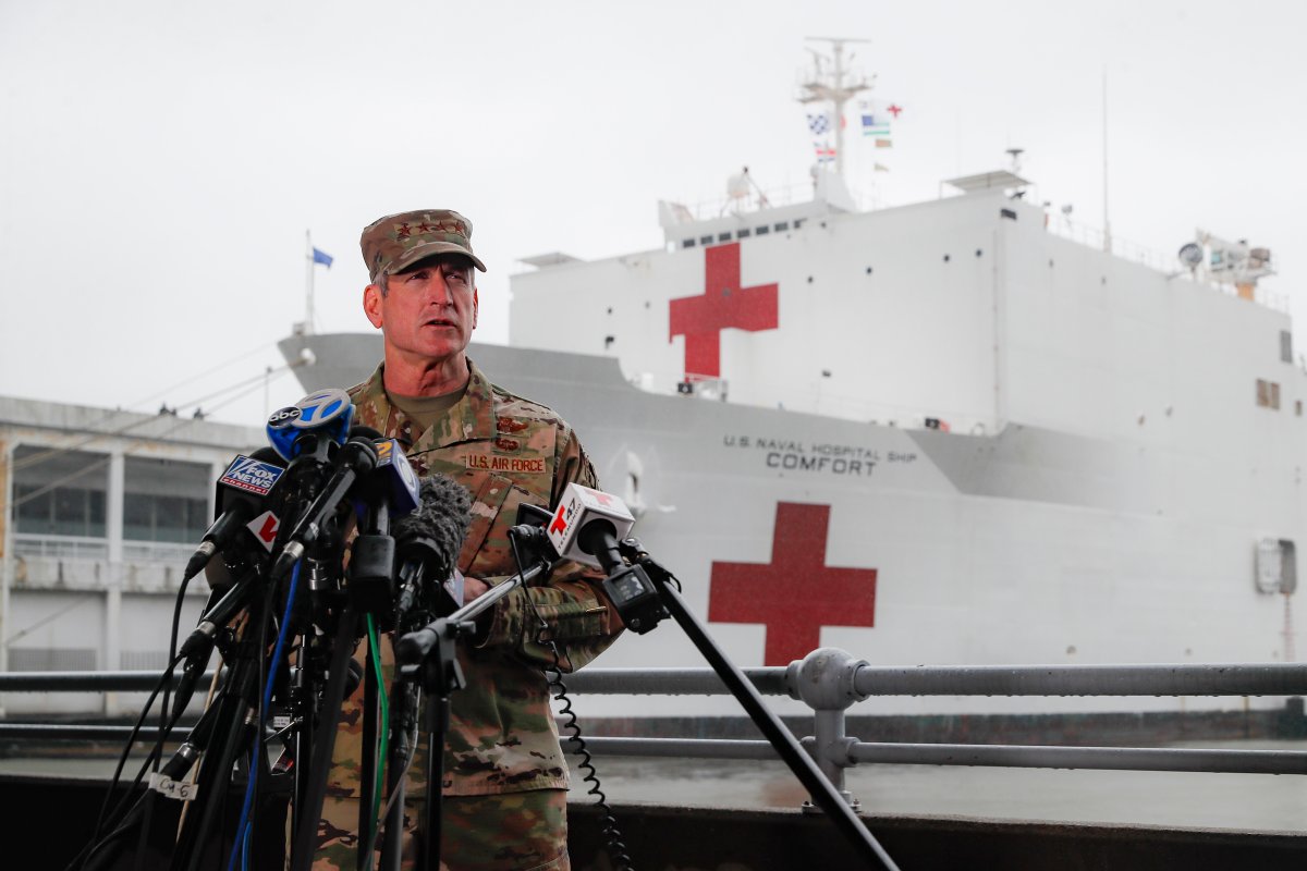 United States Air Force General Terrence O’Shaughnessy, commander of the United States Northern Command, speaks to reporters before the departure of the USNS Naval Hospital Ship Comfort, Thursday, April 30, 2020, in the Manhattan borough of New York.