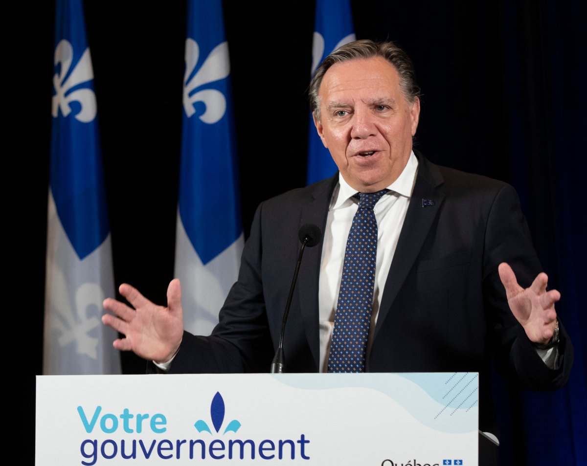 Quebec Premier Francois Legault speaks at a press conference after meeting with local officials, Thursday, September 3, 2020  in Saint-Raymond Que. 
