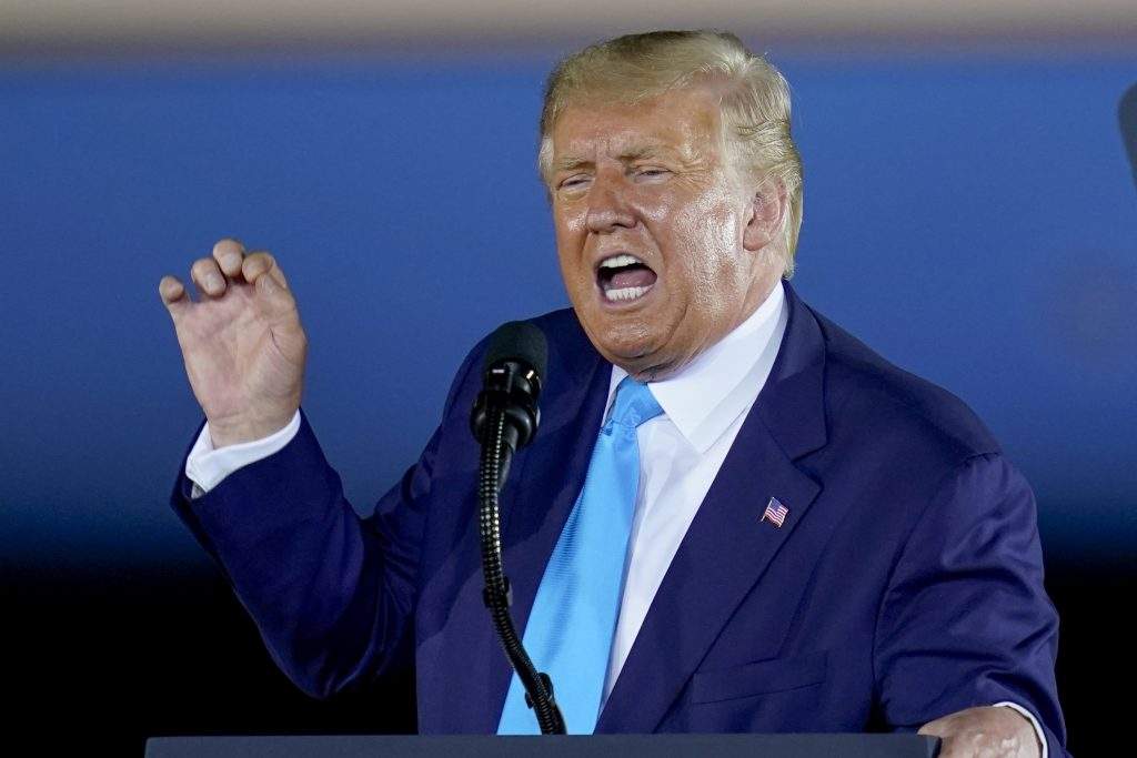 President Donald Trump addresses a crowd at a campaign event at the Arnold Palmer Regional Airport, Thursday, Sept. 3, 2020, in Latrobe, Pa. 