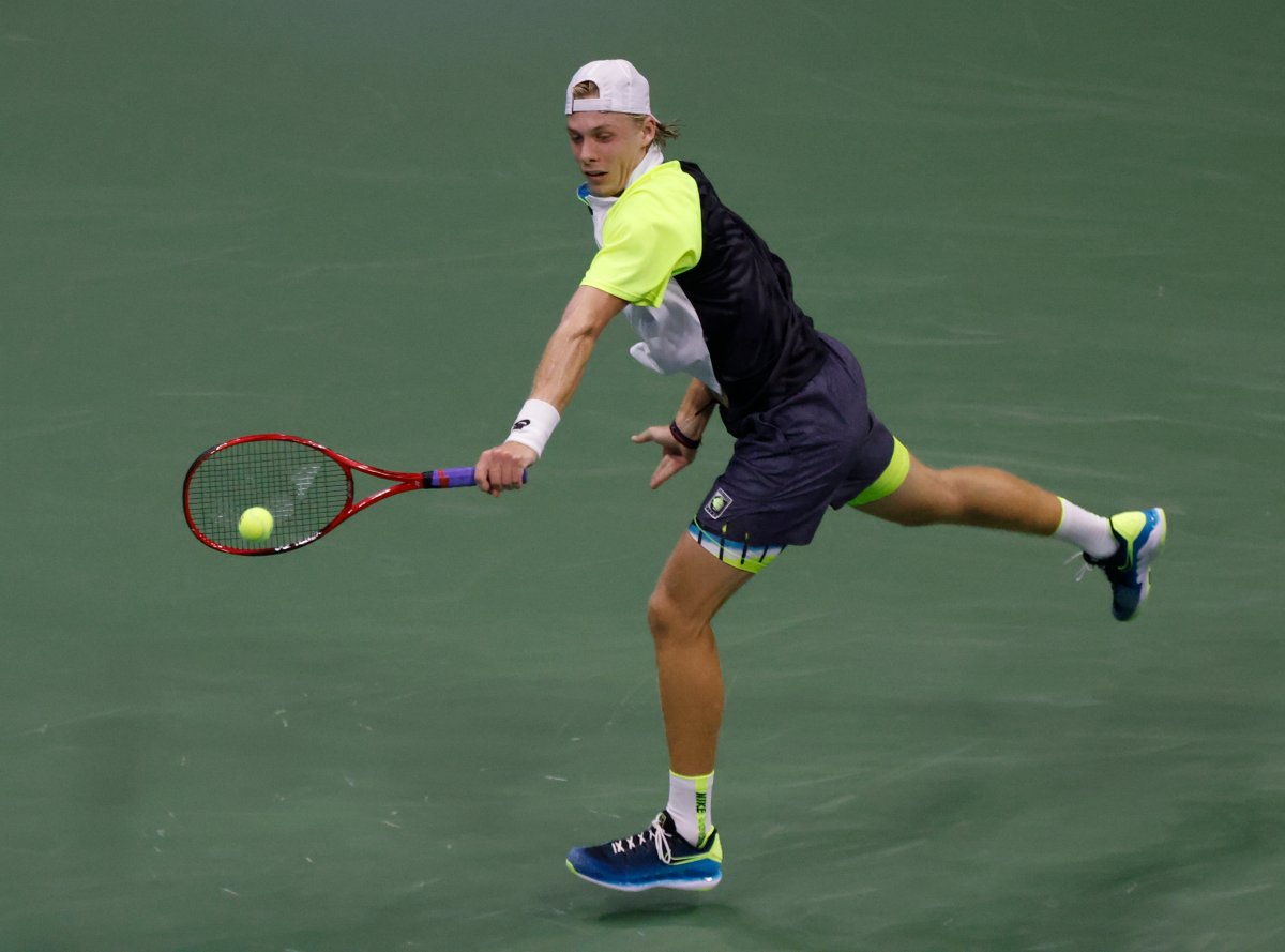 Denis Shapovalov of Canada in action against David Goffin of Belgium during a match on the seventh day of the US Open tennis championships at the USTA National Tennis Center in Flushing Meadows, New York,  Sept. 6, 2020. 